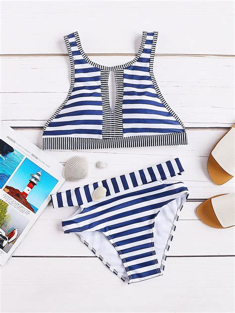 Striped Print Front Keyhole Bikini Set Shein Sheinside