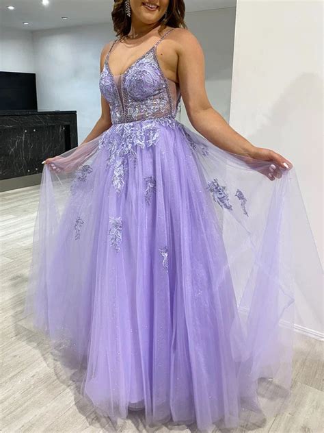 Ball Gown Princess V Neck Tulle Glitter Sweep Train Prom Dresses With