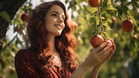 Premium AI Image A Woman With Red Hair Is Picking Apples From An