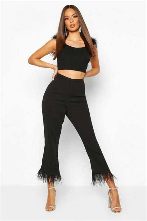 Feather Trim Woven Pants Boohoo