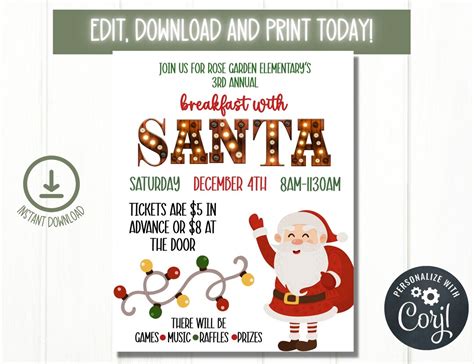 Editable Breakfast With Santa Flyer Pancakes With Santa Etsy