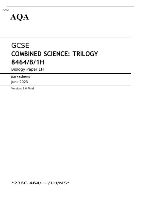 AQA GCSE COMBINED SCIENCE TRILOGY Biology Paper 1H 8464 B 1H Mark