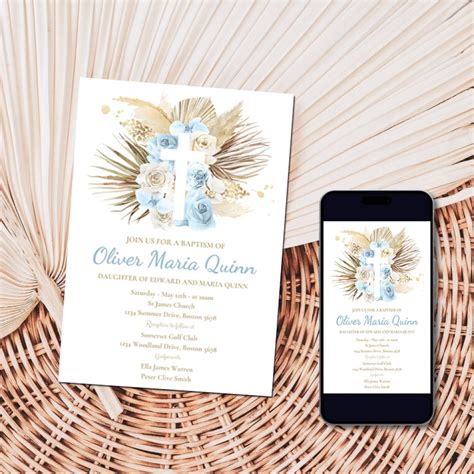 Editable Pampas Grass Baptism Invitation Bohemian Baptism Invitation Boho Baptism Christening