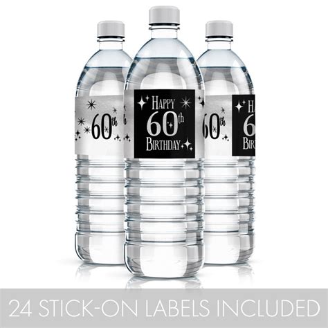 60th Birthday Water Bottle Labels Black And Silver 60th Etsy