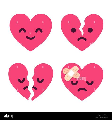 Cartoon Broken Heart Fixed With Bandage Cute Sad Face Character Set Breakup And Heartbreak