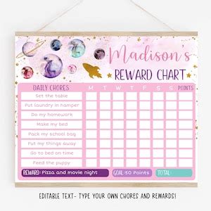 Editable Space Reward Chart Pink Gold Galaxy Rocket Ship Stars Planets