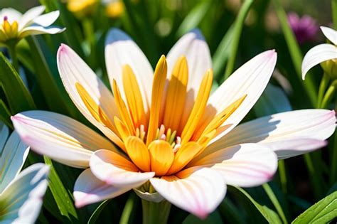 Una Flor Blanca Y Amarilla Con Un Centro Amarillo Y P Talos Blancos