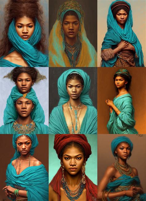 Krea Portrait Zendaya Nigerian Princess Teal Cloth Intricate