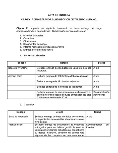 Acta De Entrega Cargo Administrador Subd Acta De Entrega Cargo The