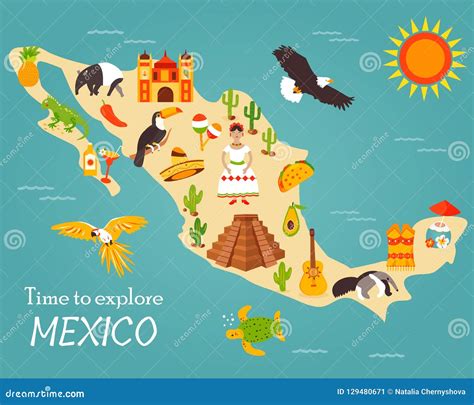 Map of Mexico with Destinations, Animals, Landmarks Stock Vector ...