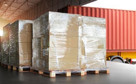 Premium Photo Packaging Boxes Wrapped Plastic Stacked On Pallets