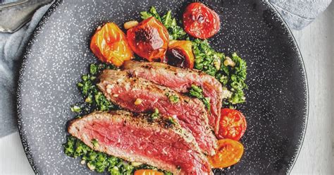 The Rosiest Cheeks: Sliced Oyster Steak with Quick Herb Salsa & Roasted Tomatoes