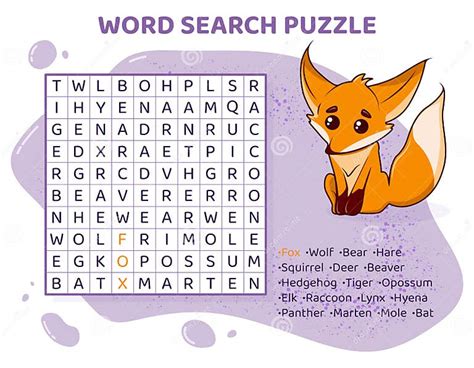 Word Search Puzzle For Kids With Wild Animals Stock Vector