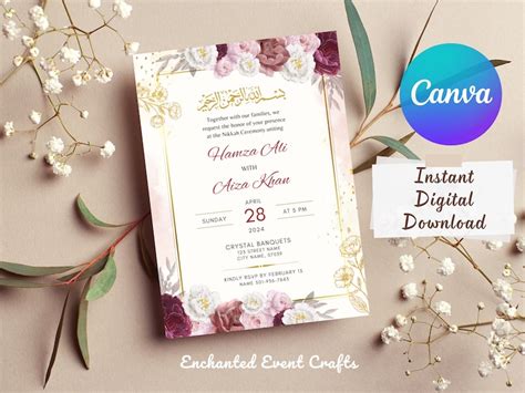 Editable Islamic Nikkah Invitation Template Red Floral Muslim Wedding