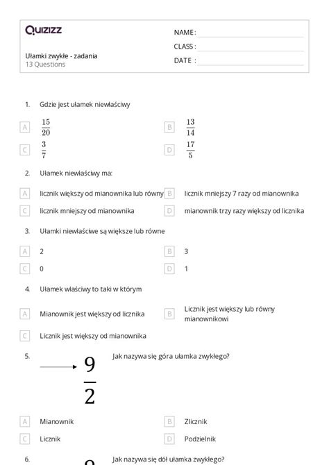 Ponad 50 Ułamki Arkuszy Roboczych Dla Klasa 5 W Quizizz Darmowe I Do