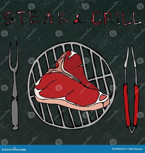 T Bone Steak On The Grill For Barbecue Tongs And Fork Lettering Steak