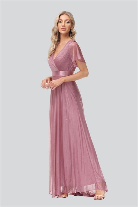 A Line Short Sleeve V Neck Chiffon Long Prom Dress Flowy Bridesmaid Dr