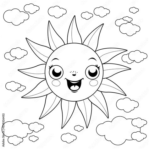 Cartoon sun and clouds in the sky. Vector black and white coloring page Stock Vector | Adobe Stock