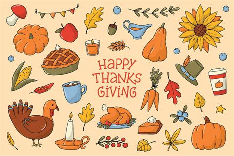 Set Of Thanksgiving Doodles Cartoon Elements Clip Art For Stickers