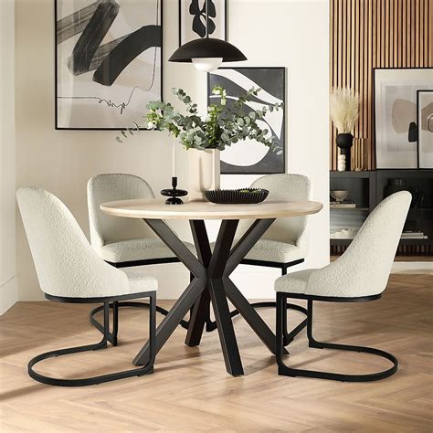 Newark Round Dining Table 4 Riva Chairs Light Oak Effect Black