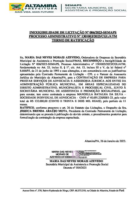 TERMO DE RATIFICAÇÃO Prefeitura Municipal de Altamira Gestão 2021 2024