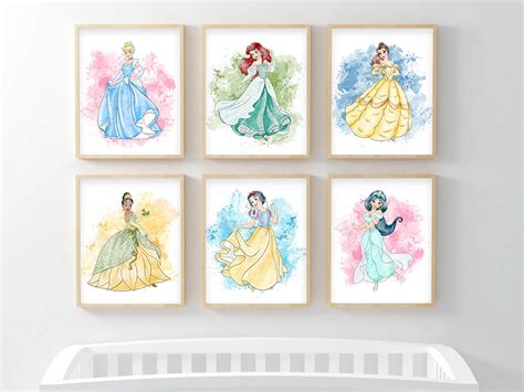 Disney Princess Wall Art Prints Cinderella Rapunzel Ariel Belle Tiana Jasmine Aurora