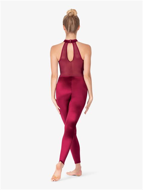 Womens Performance Satin Mock Neck Halter Unitard Unitards Double