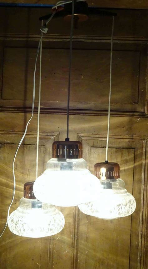 Vintage 3er Kaskadenlampe DDR Deckenlampe Hängelampe Eisglas 1970er 10159