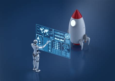 3D Rendering Humanoider Roboter Mit Space Shuttle Und Digitaler Grafik