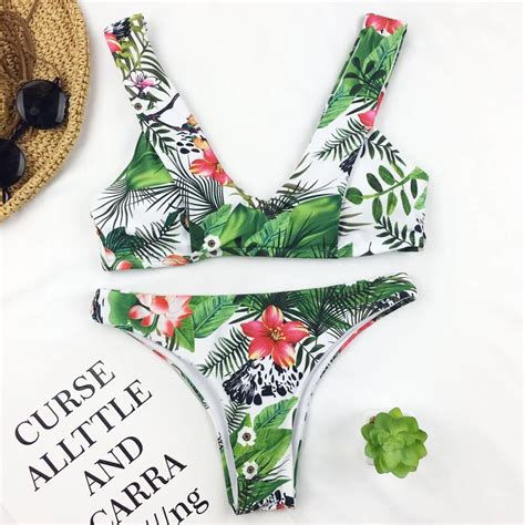 Sexy Brazilian Bikini Set Women Floral Print Swimwear Push Up Swimsuit Micro Biquini Green