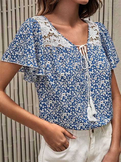 Shein Ditsy Floral Contrast Lace Tie Neck Blouse Lace Tie Neck Blouse