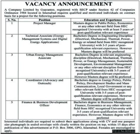 Positions Vacant At Public Sector Company In Islamabad 2024 Job