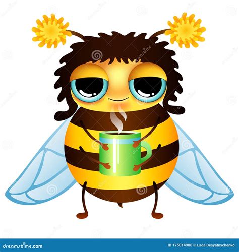 Funny Cartoon Honey Bee With Coffee Cup Stock Vector Illustration Of