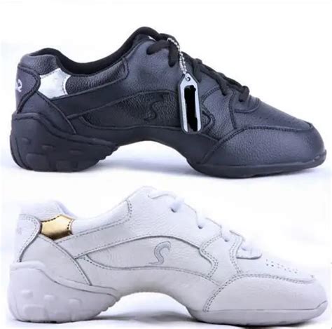 Professional Women Dance Shoes Sneakers Ladies Leather Square Line Dance Shoes White Black ...