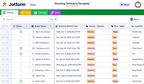 Shooting Schedule Template | Jotform Tables