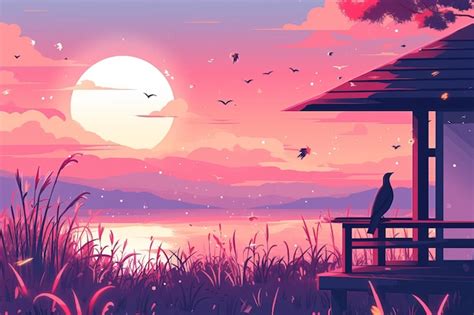 Nature anime illustration landscape background with particles light ...