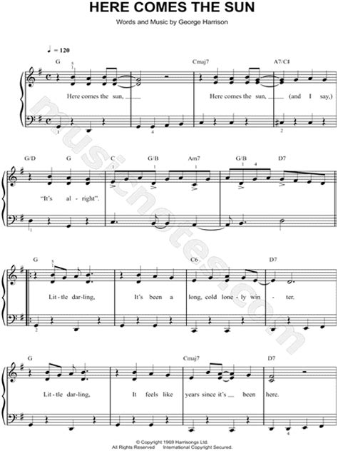 The Beatles Here Comes The Sun Sheet Music Easy Piano In G Major Download And Print Sku