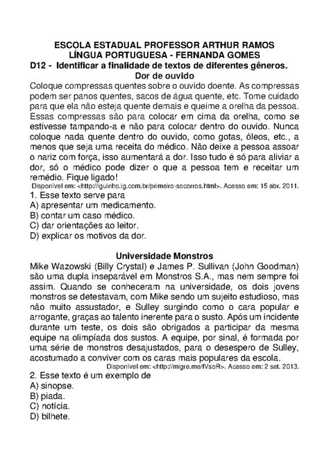 D12 Identificar A Finalidade De Textos De Diferentes Gêneros - D12 - Identificação da Finalidade em Textos de Diferentes Gêneros - Studocu