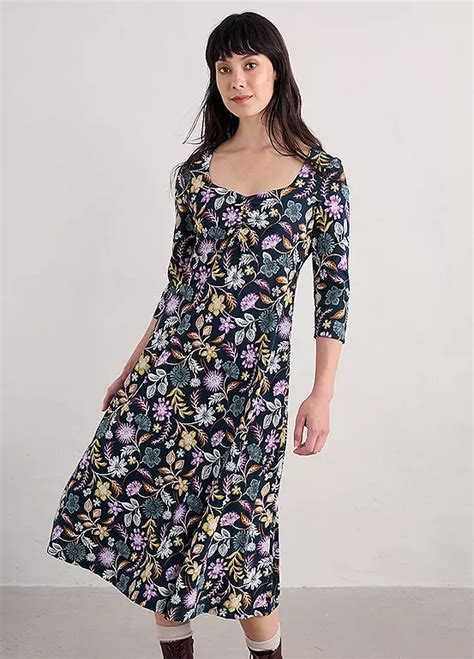 Seasalt Cornwall Multi Secret Cove Three Quarter Sleeve Midi Dress