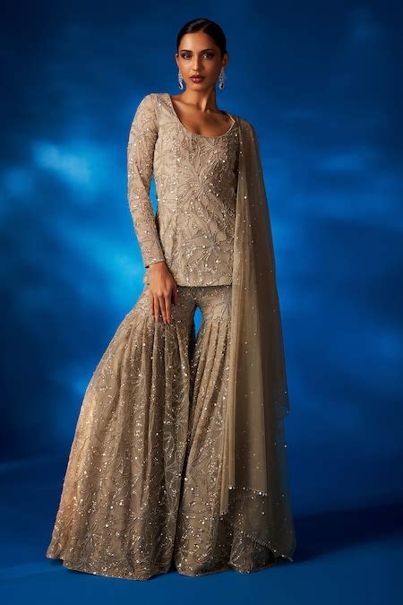 Buy Gold Net Embroidered Vanessa And Thread Floral Work Kurta Sharara