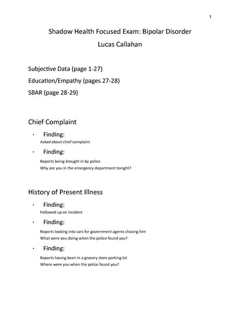 SOLUTION: Shadow health bipolar disorder lucas callahan pdf - Studypool