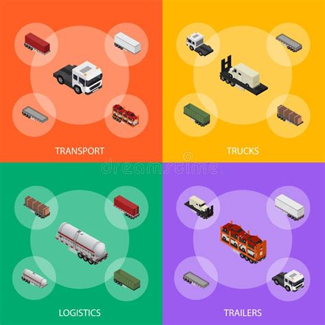 Different Types Trailers 3d Banner Set Isometric View Vector Stock