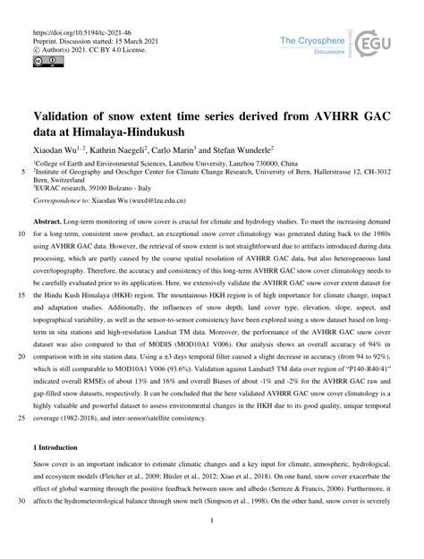 Pdf Validation Of Snow Extent Time Series Derived From Avhrr Gac Data