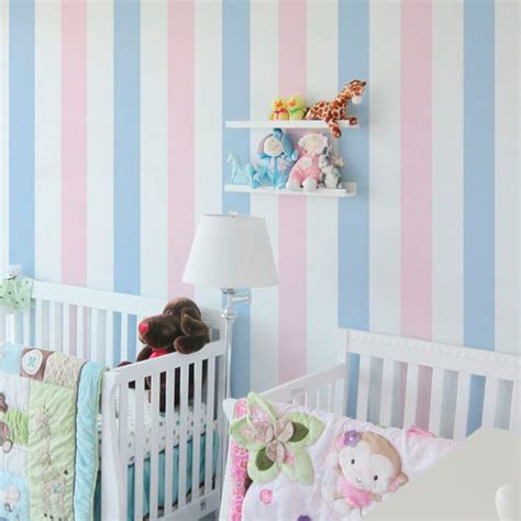 Papel De Parede Listrado Rosa Azul E Branco Quarto Infantil