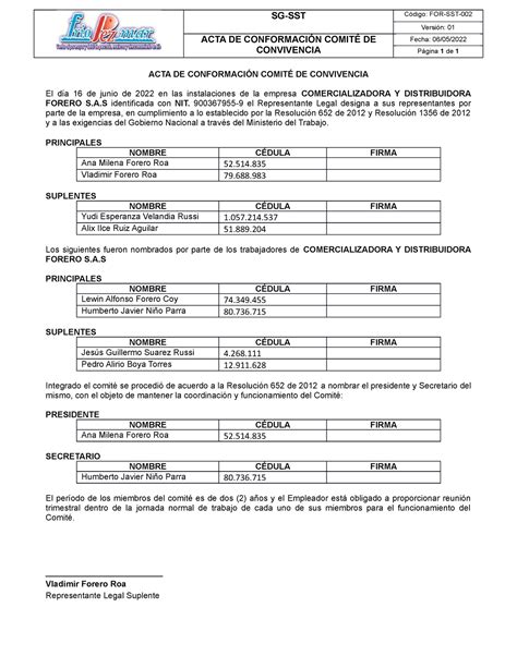 For Sst Acta De Conformaci N Comit De Convivencia Laboral Sg Sst