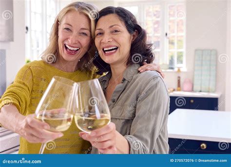 Portrait Of Same Sex Mature Female Couple Celebrating With Glass Of