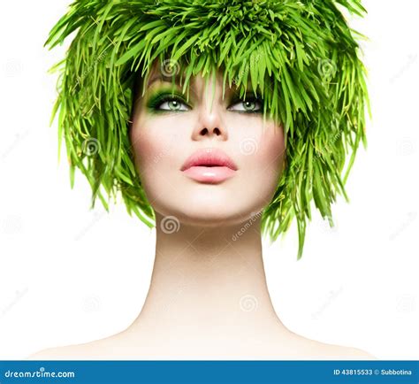 Beauty Woman With Fresh Green Grass Hair Stock Image Image Of Meadow