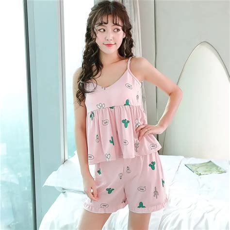 Cotton Women Summer Sling Sexy Pajamas Loose Nightwear Sweet Pajama Set