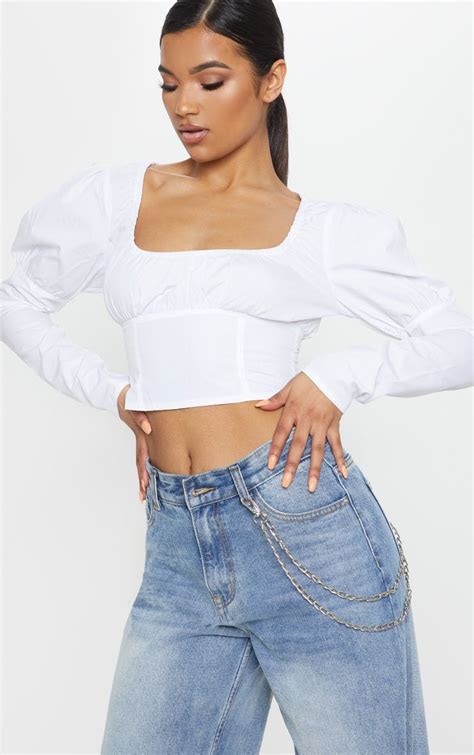 White Puff Sleeve Square Neck Crop Top Crop Tops Neck Crop Top Puff Sleeve