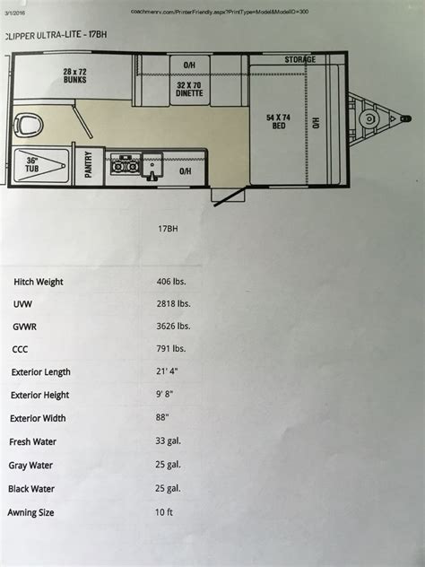 Coachmen Clipper Ultra-Lite 17BH Floor Plan
